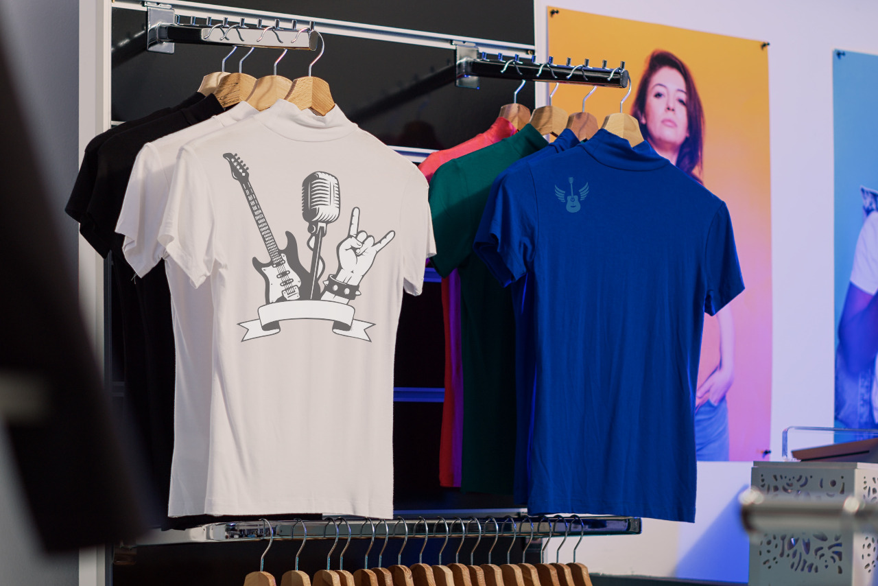 T-shirt merchandise displayed for sale.