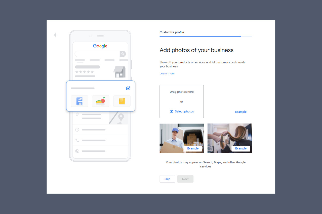Adding an image to the products or services section of a Google My Business profile.