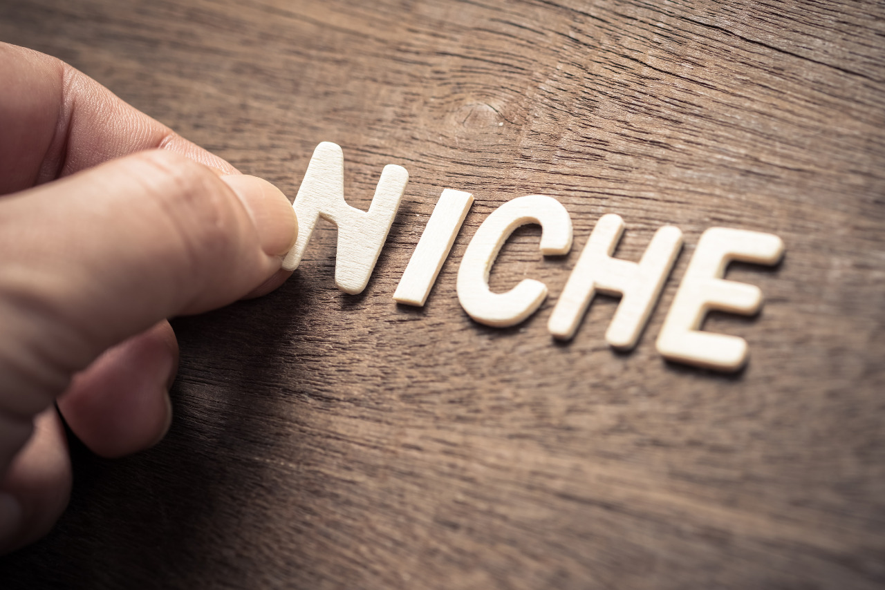 Close up of hand placing word Niche on wooden table.
