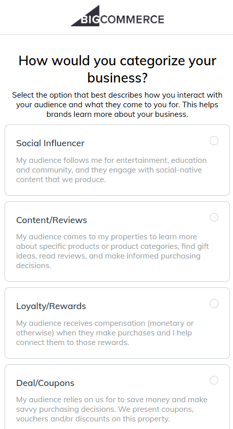 BigCommerce affiliate program: Step 6: Categorize your business