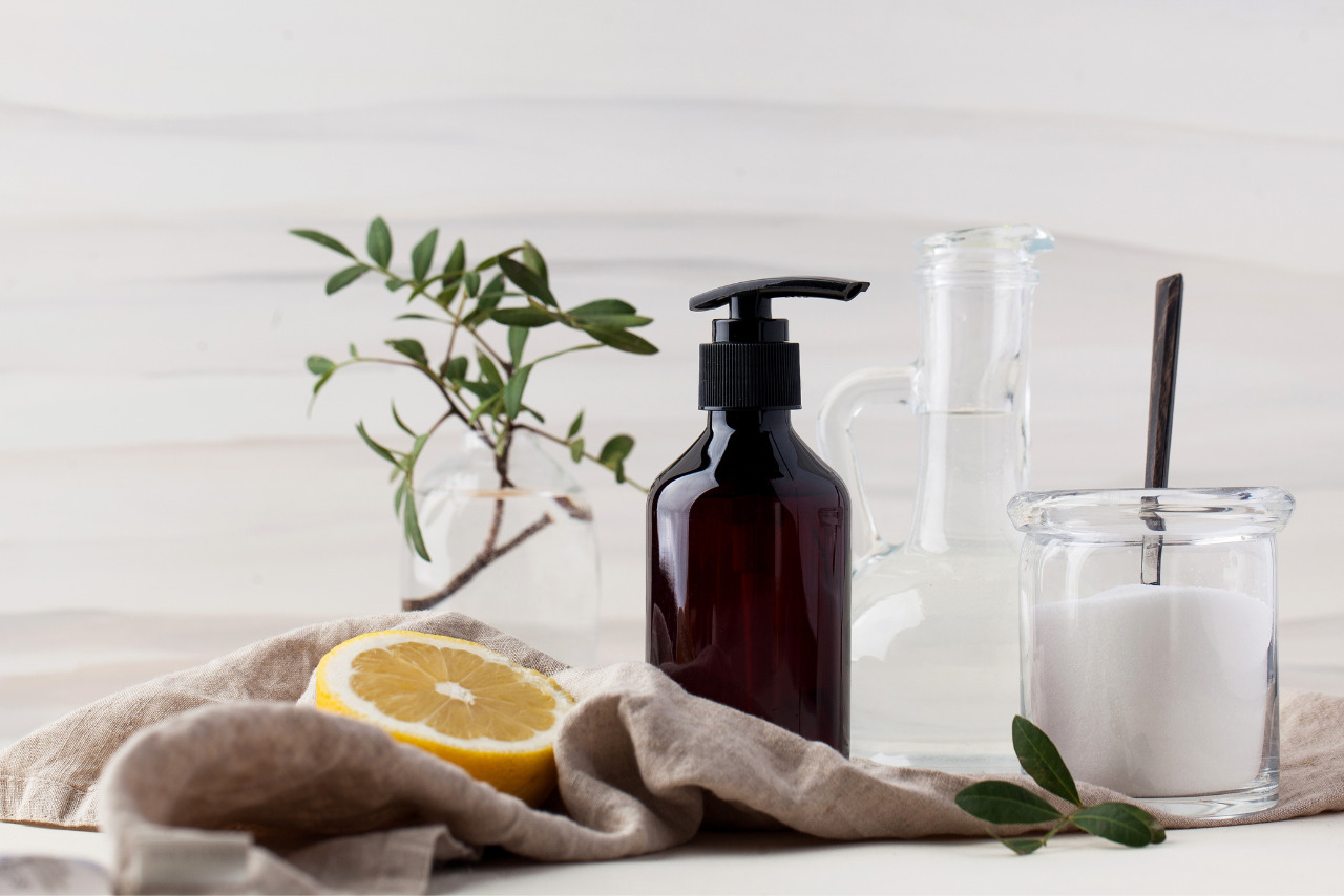 Eco-Friendly Natural Cloth Cleaning Products Such as Soda, Lemon, Vinegar. 
