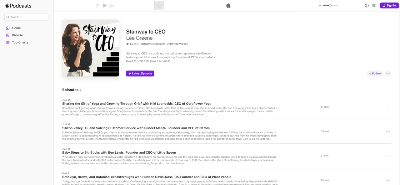 The Stairway to CEO podcast show's page on Apple.