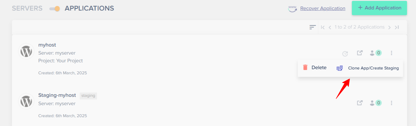 Clone App/Create Staging button