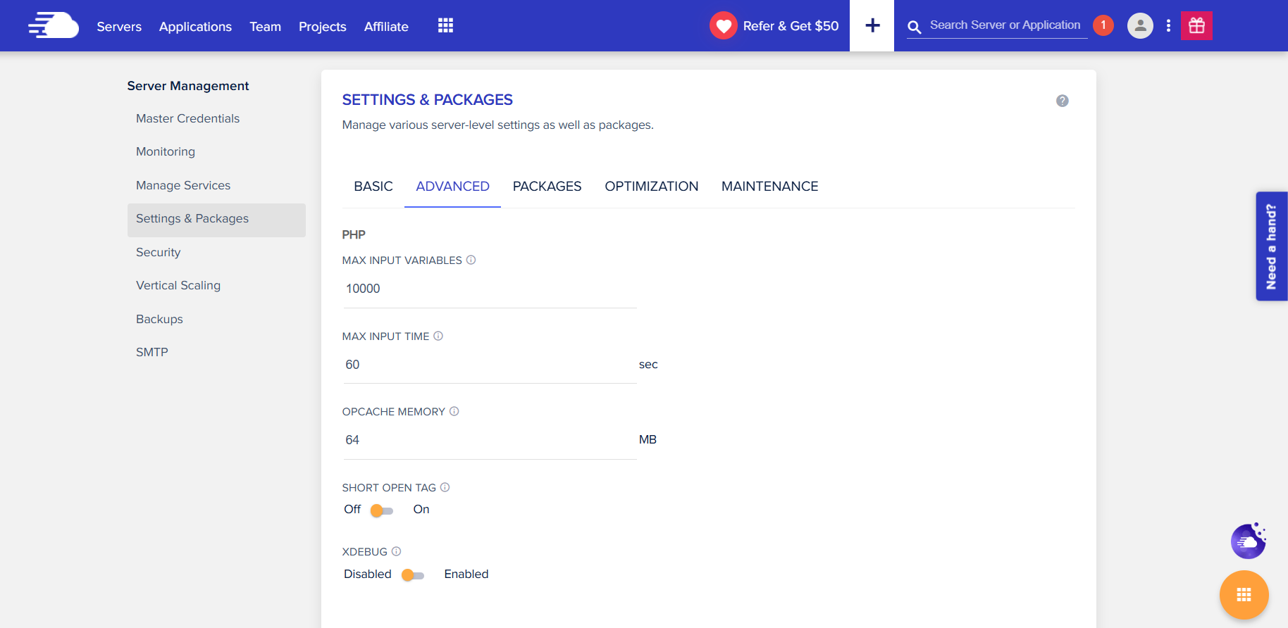 Settings & Packages page