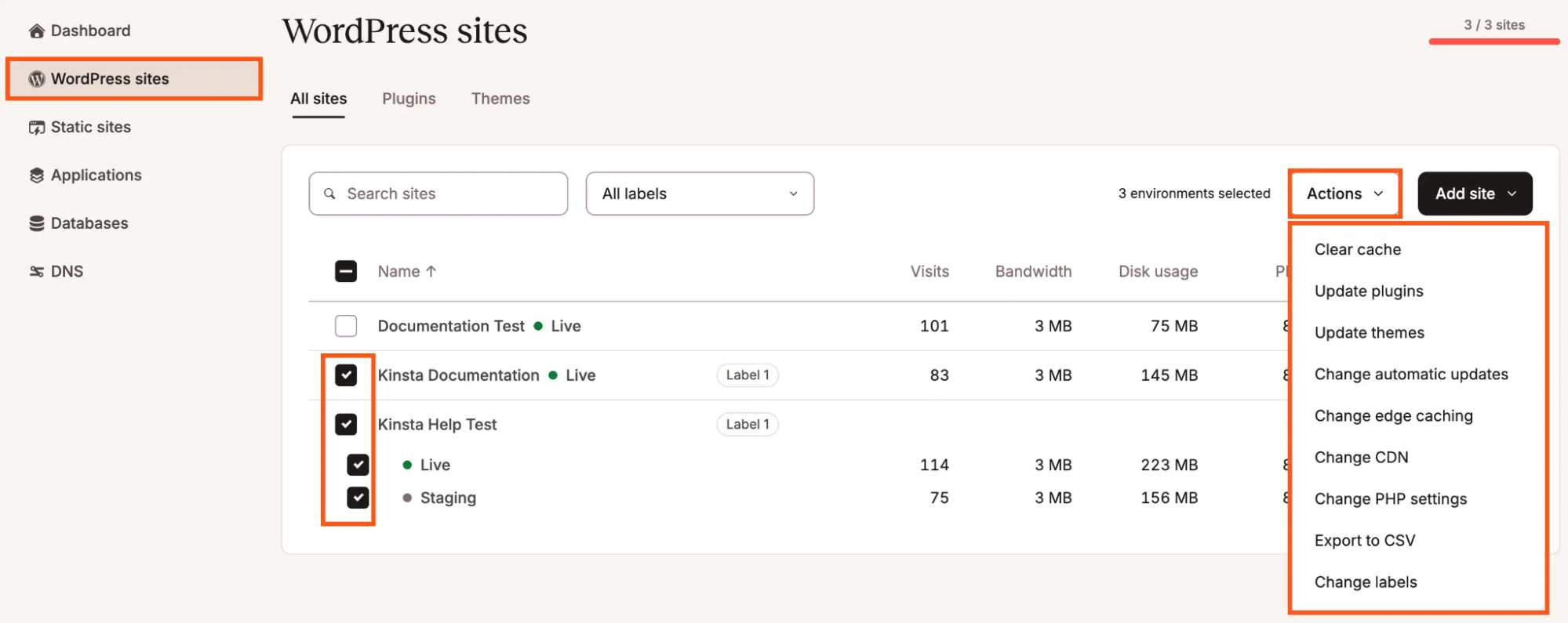 Kinsta WordPress Sites page