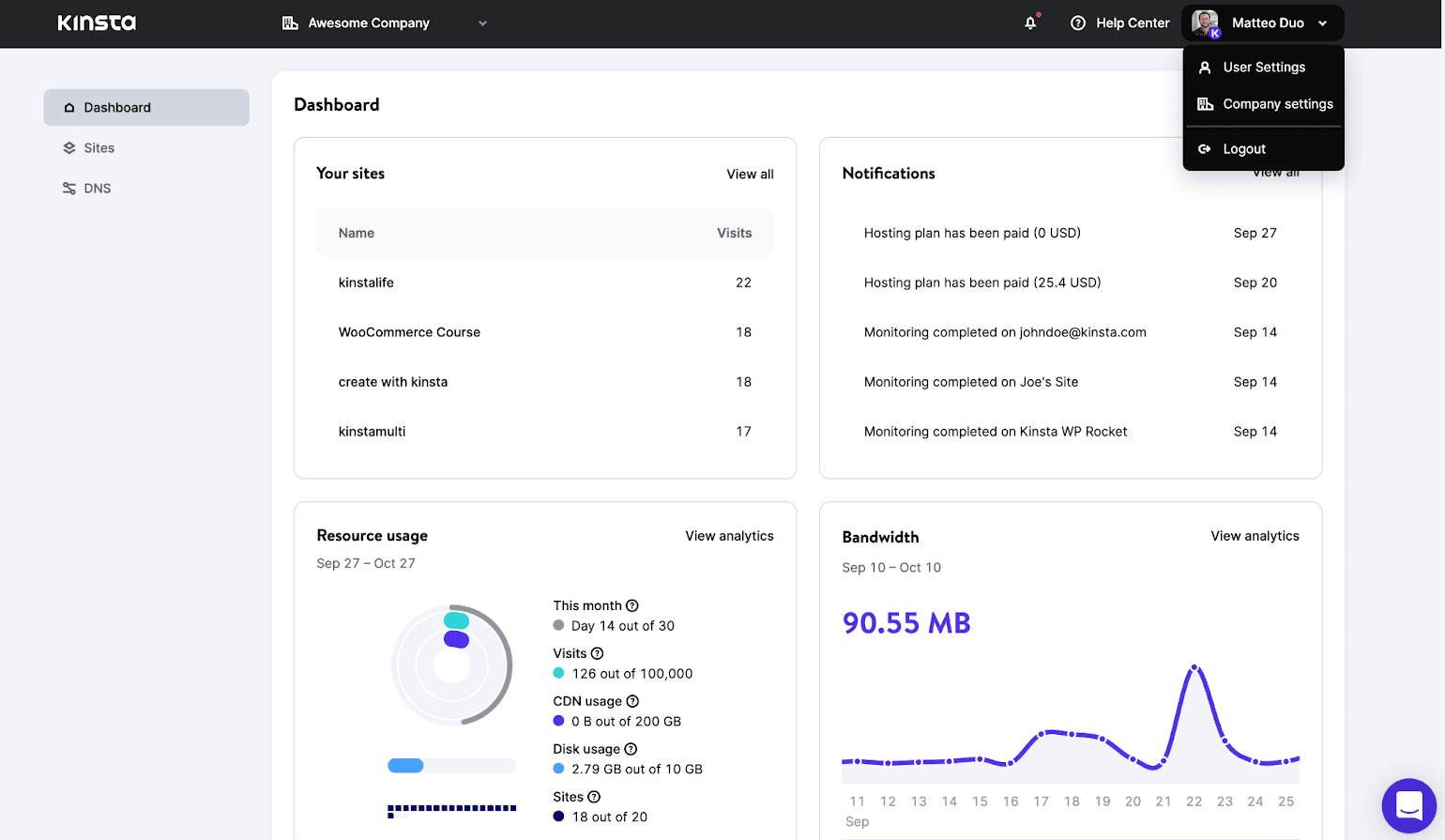 Kinsta dashboard