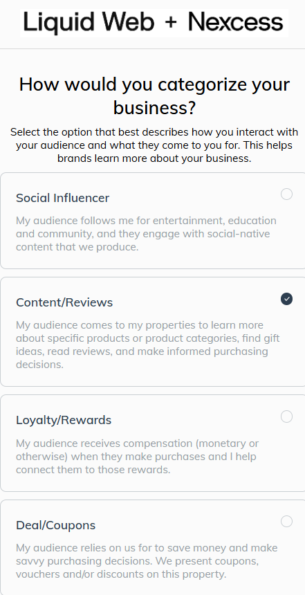 Liquid Web affiliate program Business Category Selection