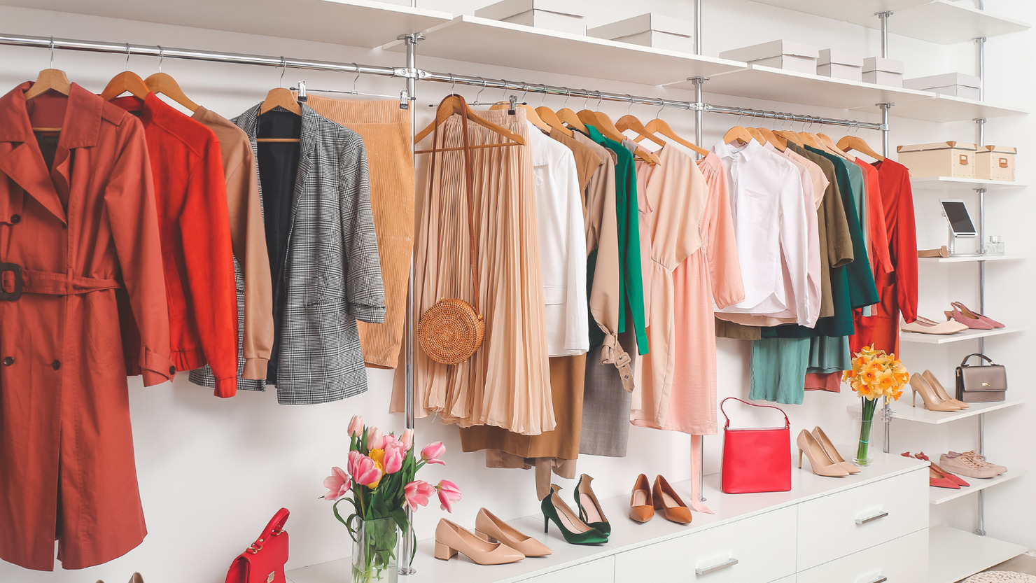 Wardrobe with clothes and accessories.