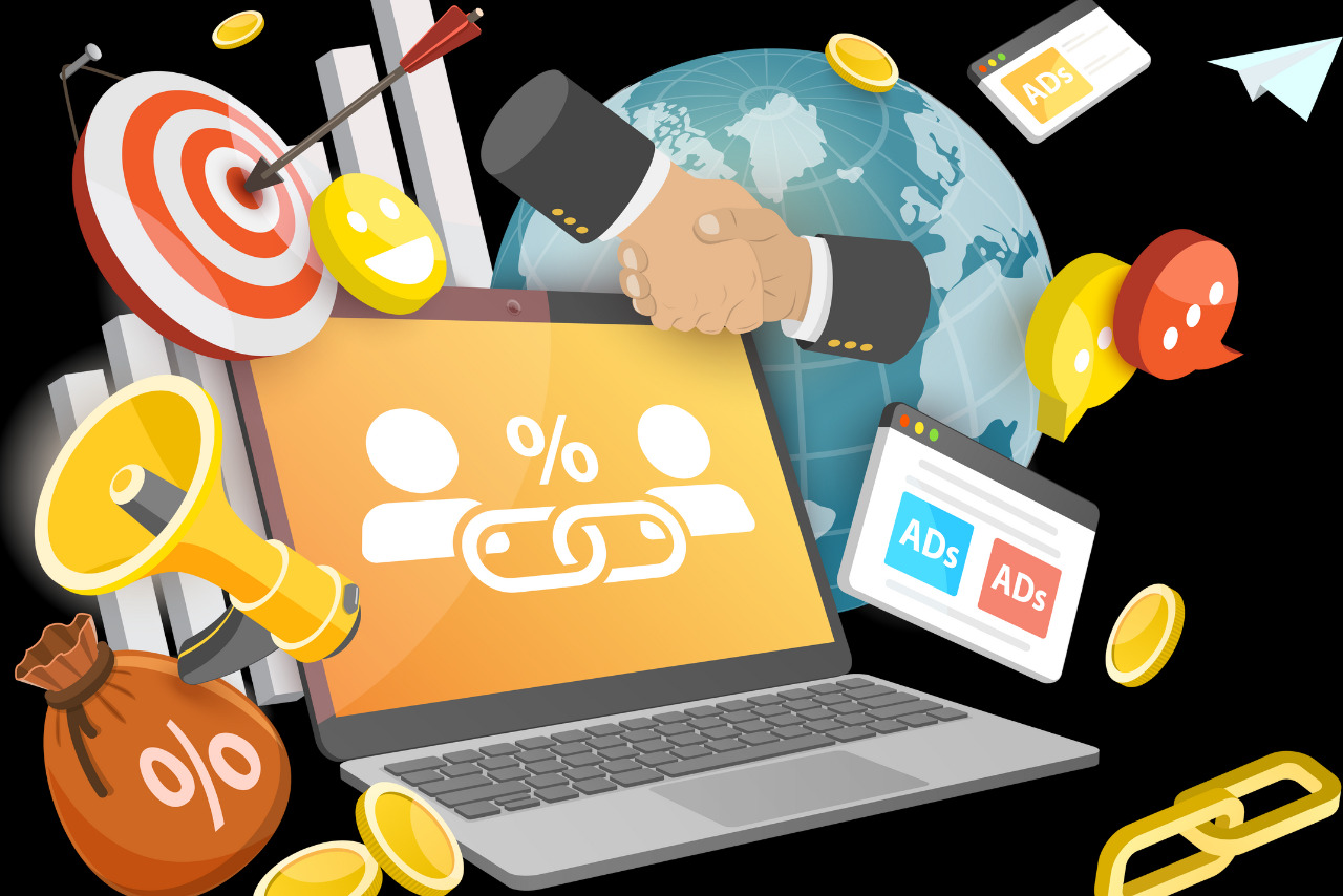 Affiliate marketing concept featuring icons of handshakes, ads, money.