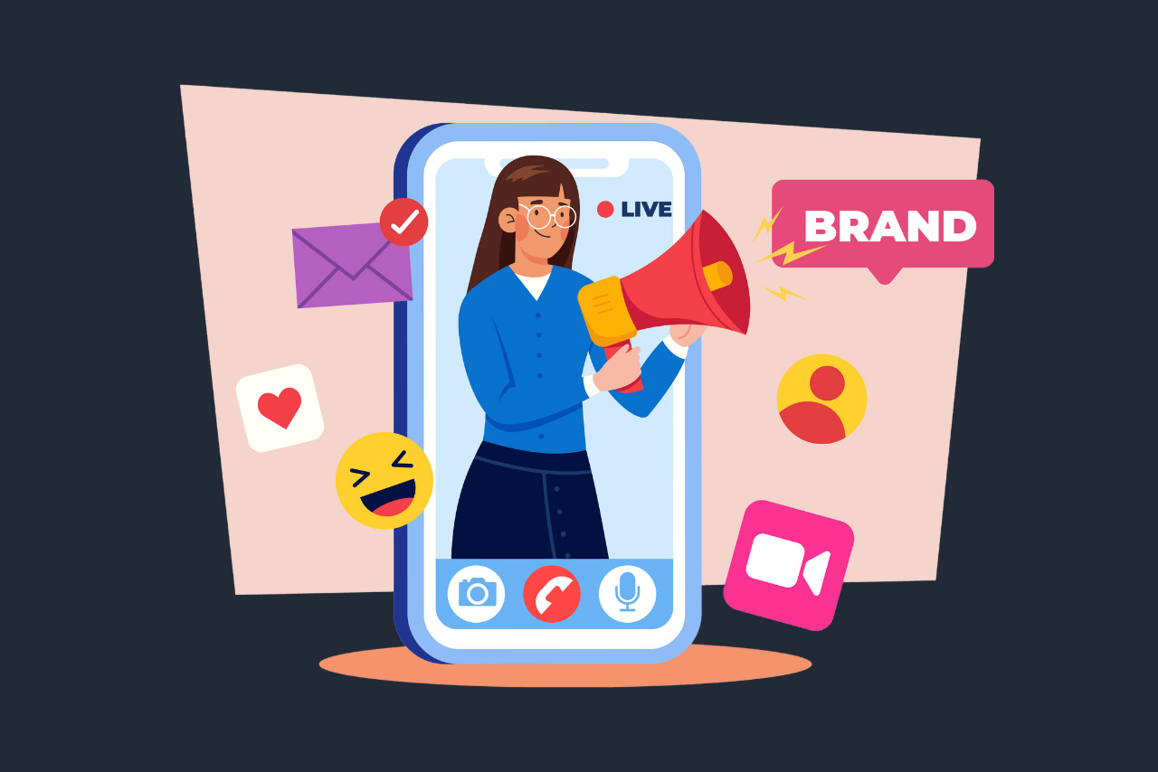 Cartoon of a woman promoting a brand through a social media live stream.
