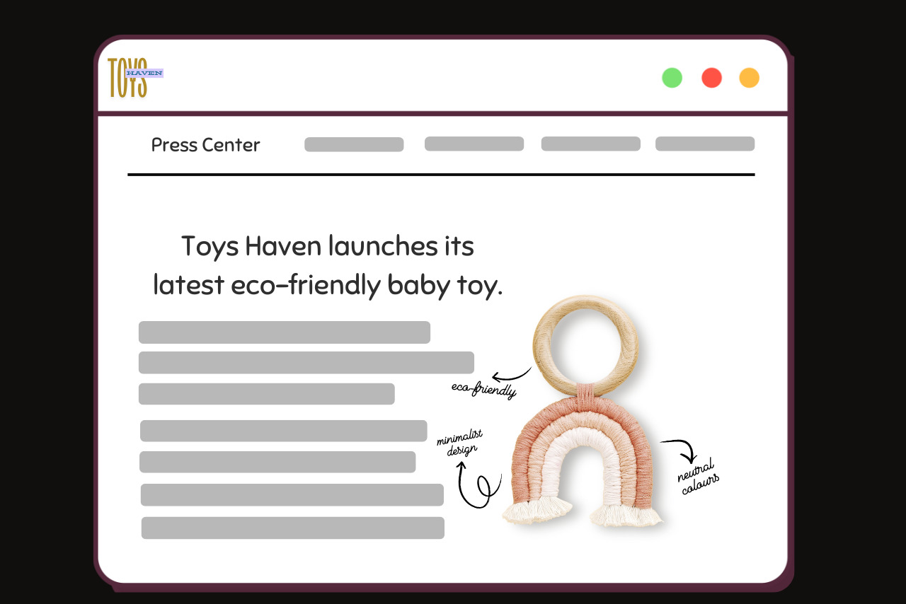 A toy company announces a new product release through the press center on its website.