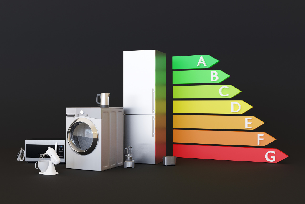 Different Household Appliances and Energy Efficiency Rating Chart on Black Background.