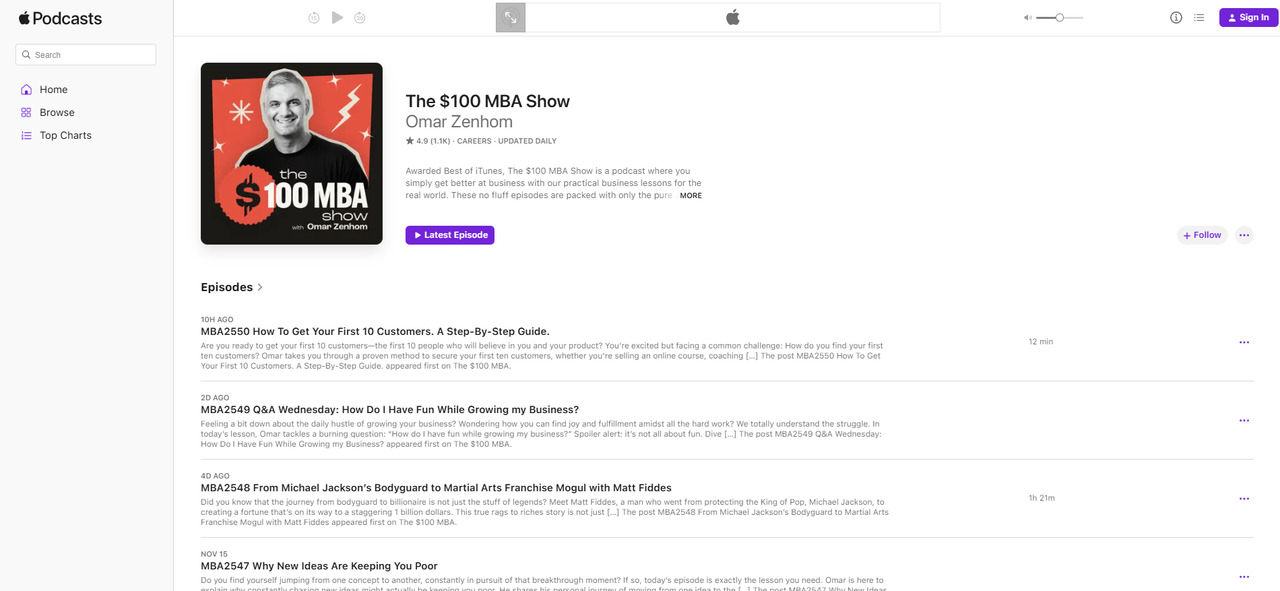 The $100 MBA Show's page on Apple.