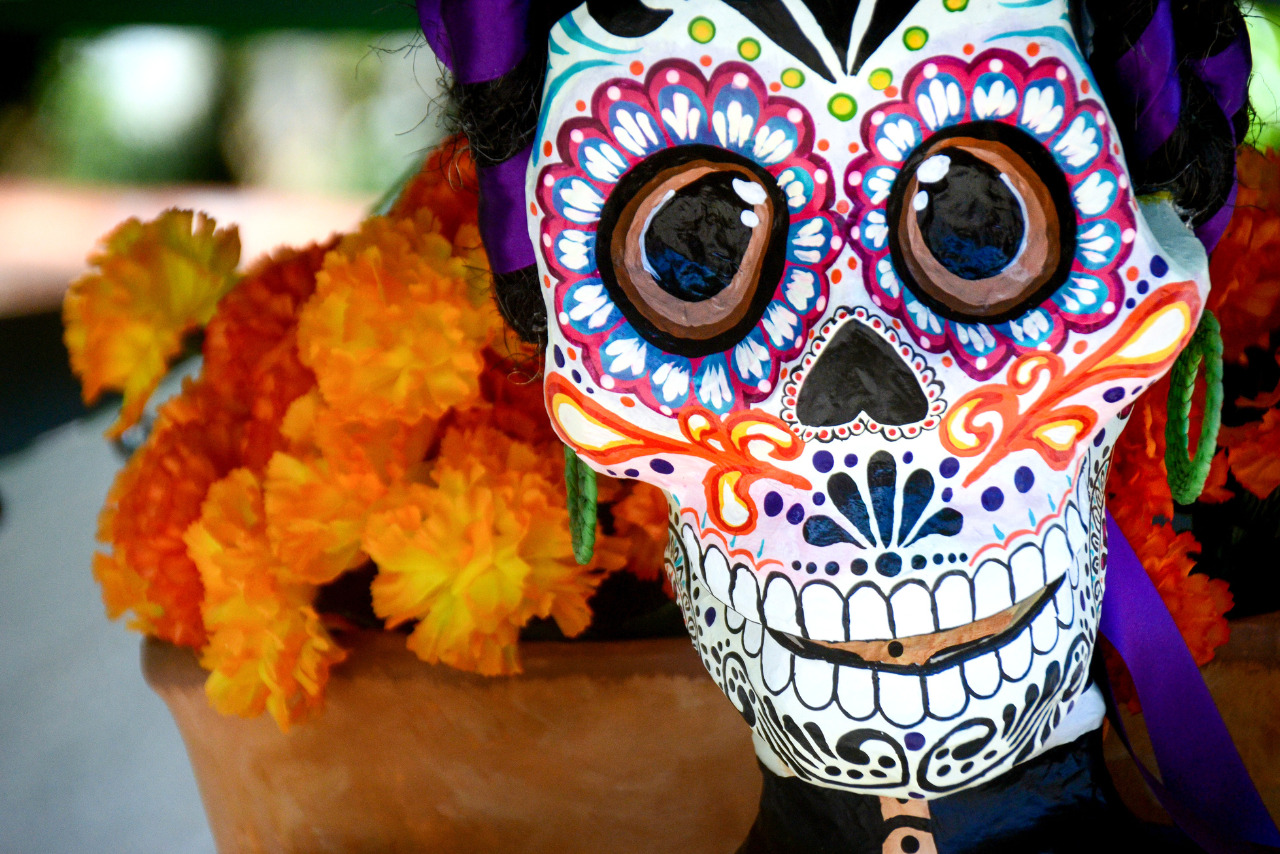 Festive skull mask on display.