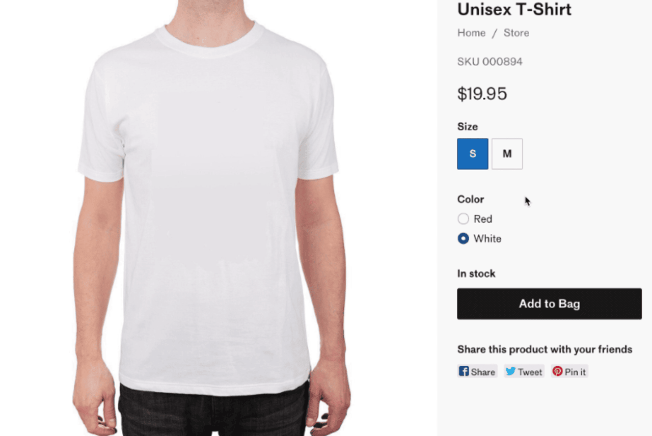 Screenshot of sample tshirt, product variation from Ecwid.