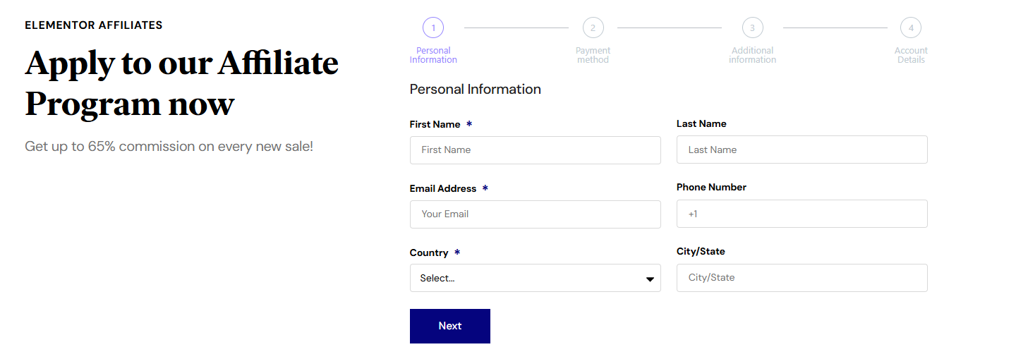 Elementor Affiliate Program – Application Step 2