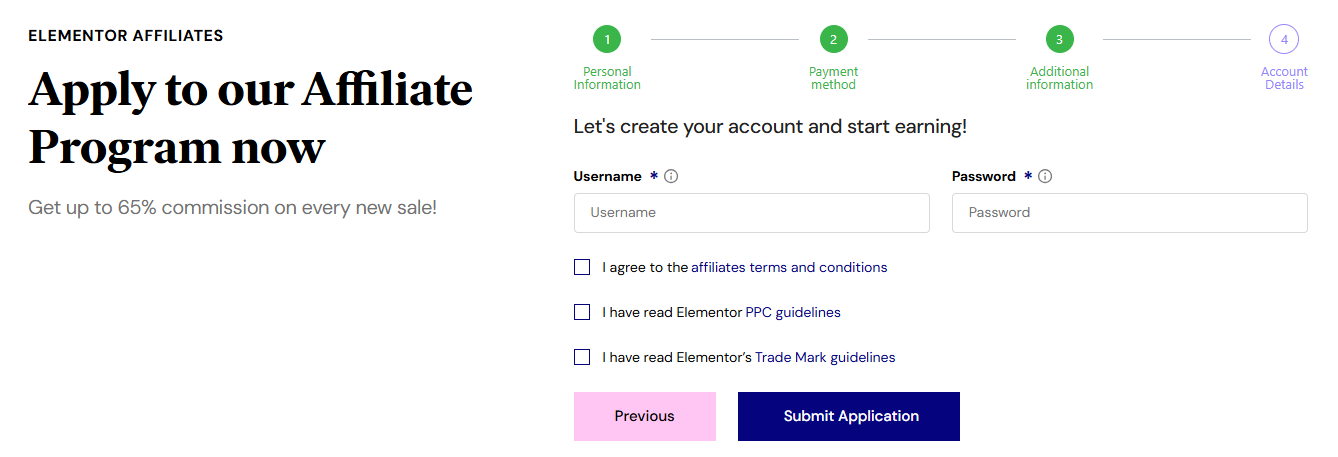 Elementor Affiliate Program – Submission Confirmation Message