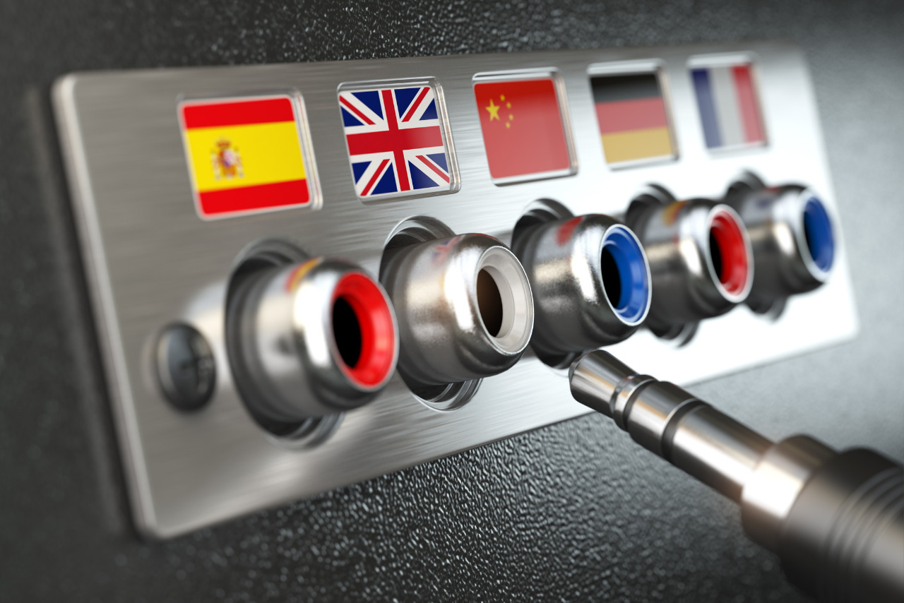 Audio input and output control panel with flags showing language switcher concept.