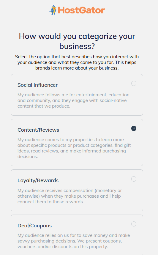 Business category selection in HostGator affiliate onboarding screenshot