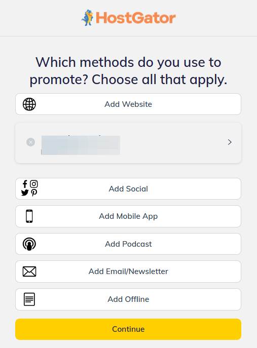 Choosing promotional methods in HostGator affiliate onboarding screenshot