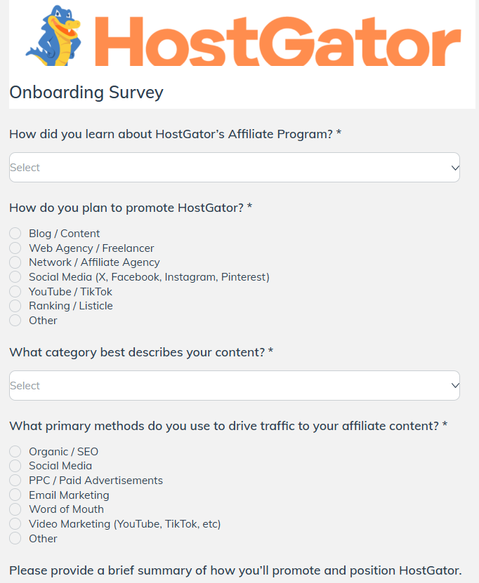 HostGator affiliate onboarding survey screenshot