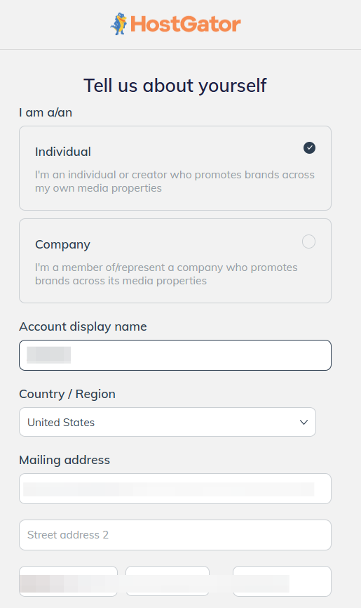 HostGator affiliate personal details confirmation screenshot