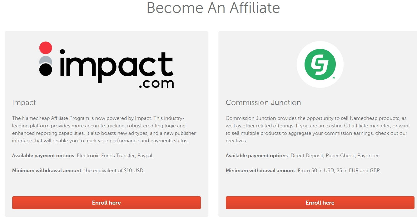 Namecheap Affiliate Program platform choice screenshot