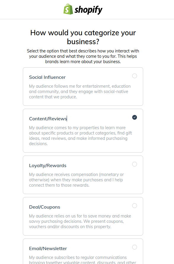 Shopify affiliate program: Step 6: Choose Your Business Category 