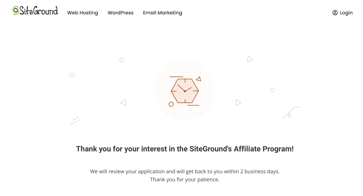 SiteGround Affiliate Program Application Confirmation Message