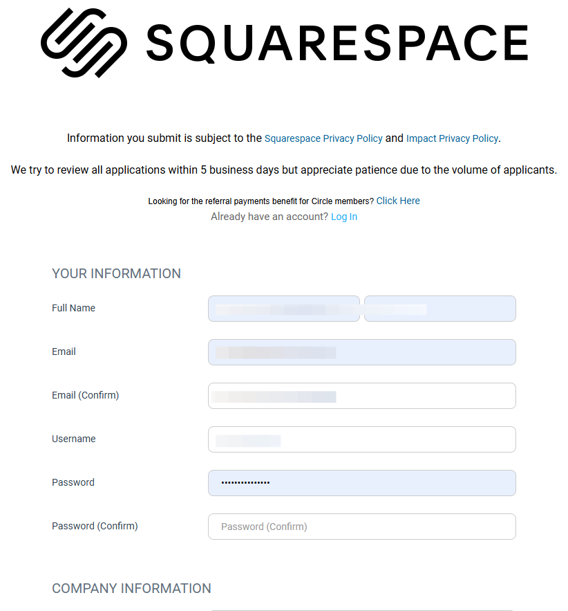 Squarespace affiliate program: Step 2: Enter Your Information