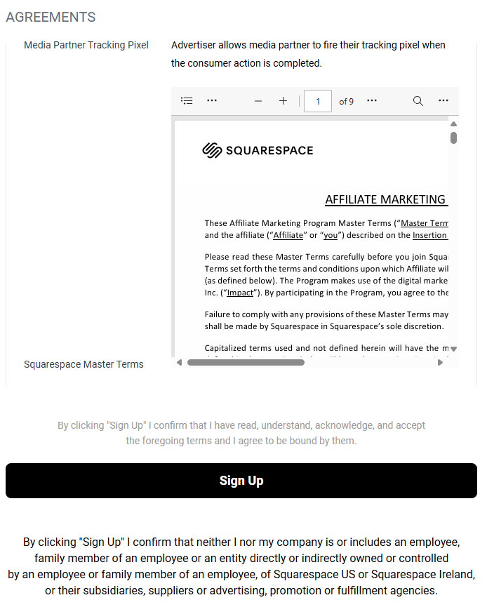 Squarespace affiliate program: Step 4: Agree to the Terms