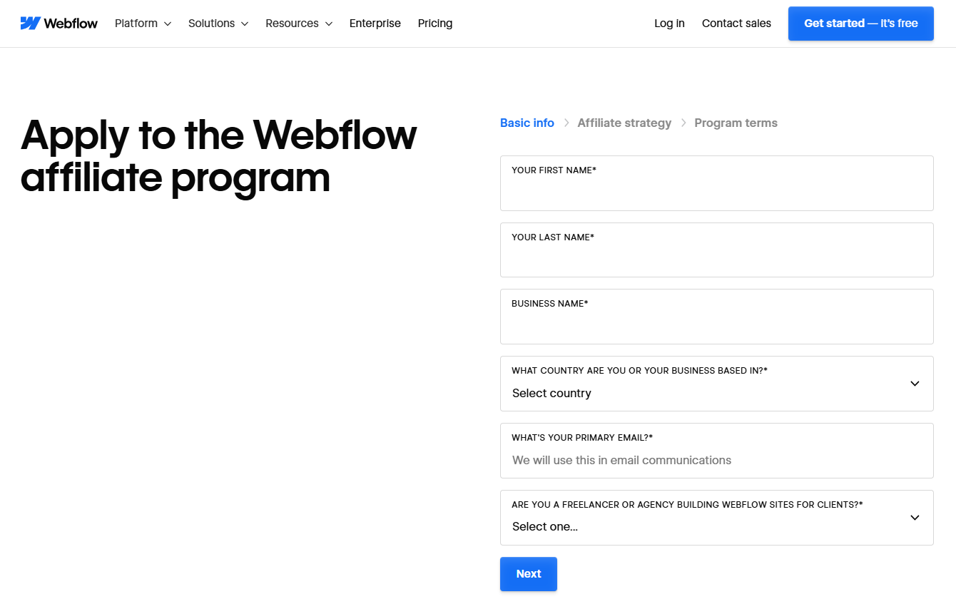 Webflow Affiliate Program Application Form Part 1
