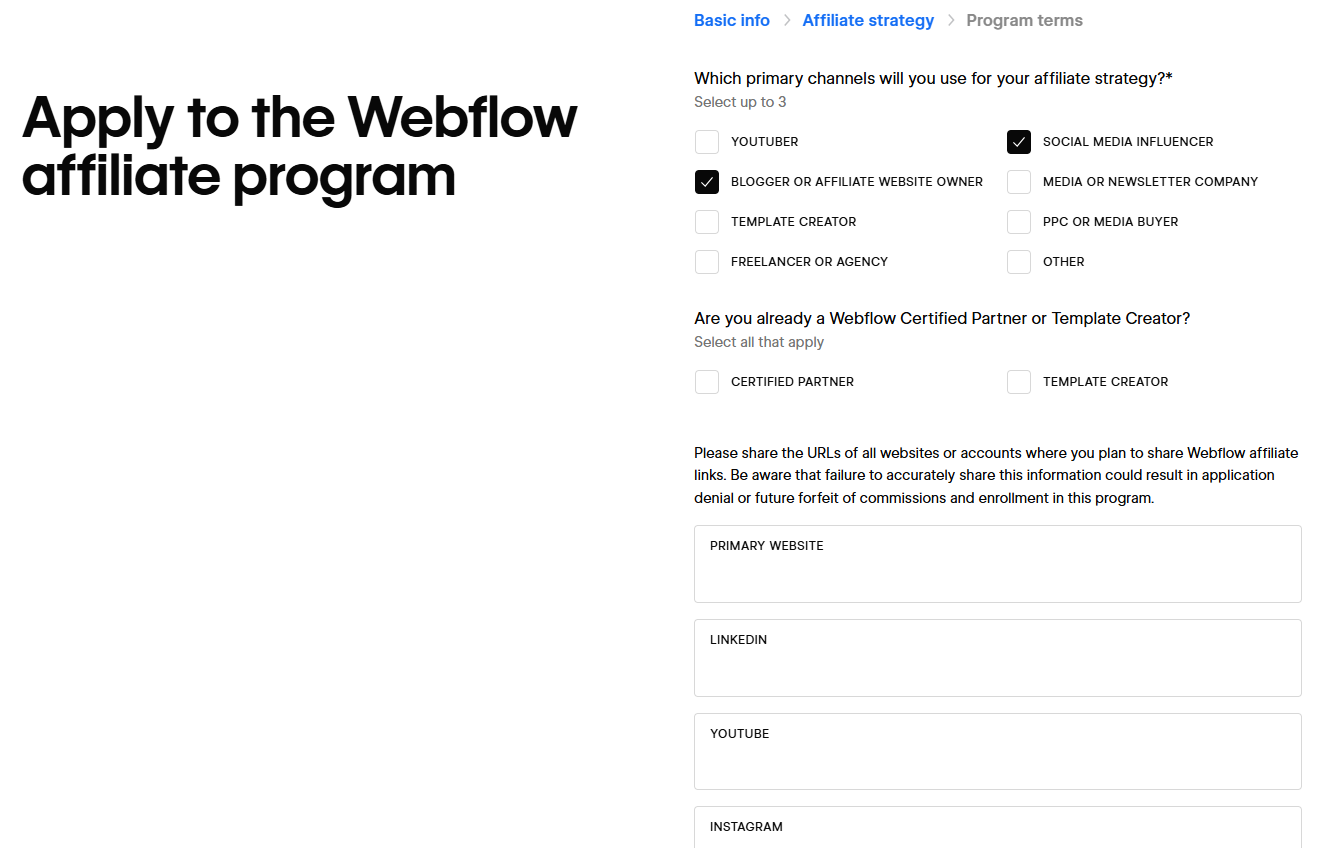 Webflow Affiliate Program Application Form