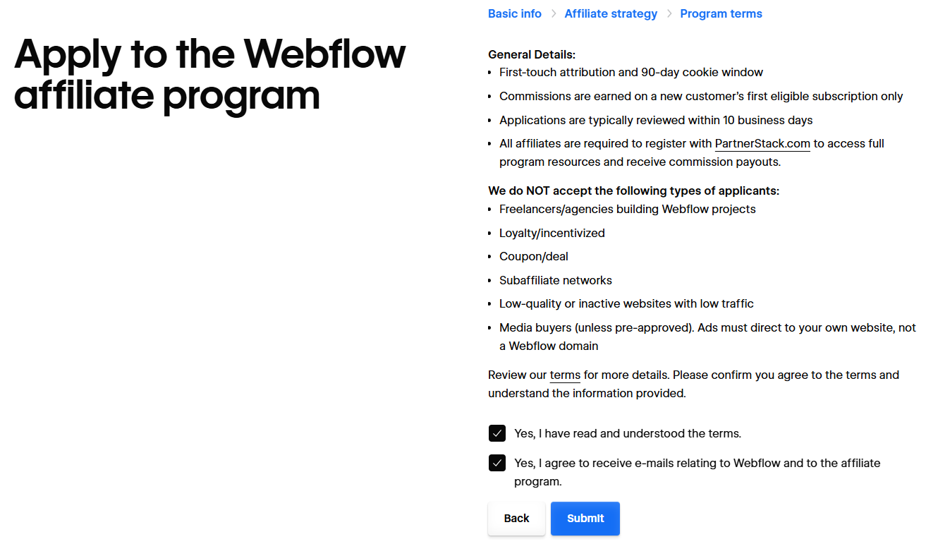 Webflow Affiliate Program Terms