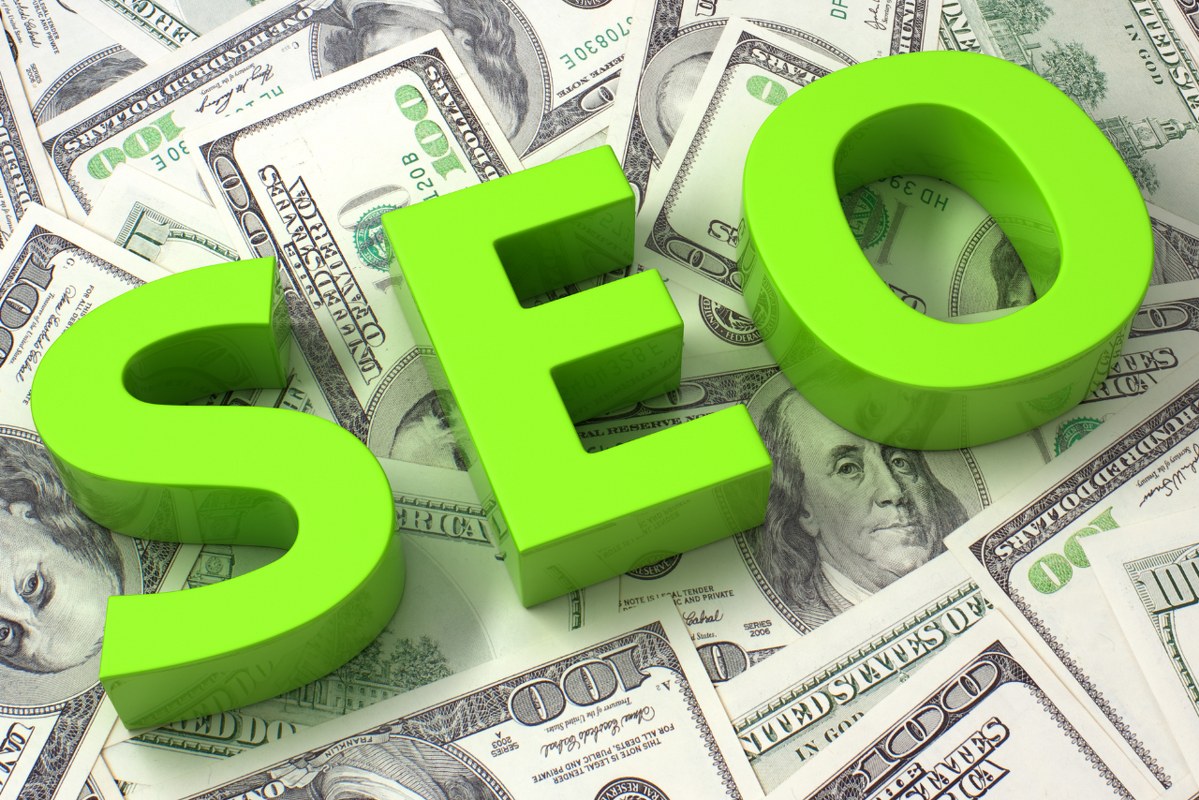3D rendering of SEO word on top of dollar bills.