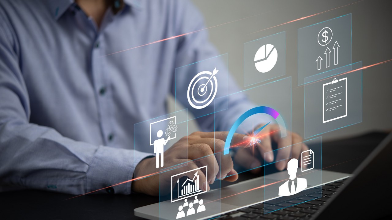A male expert interacting with a holographic display of SEO metrics, clicking on data points.