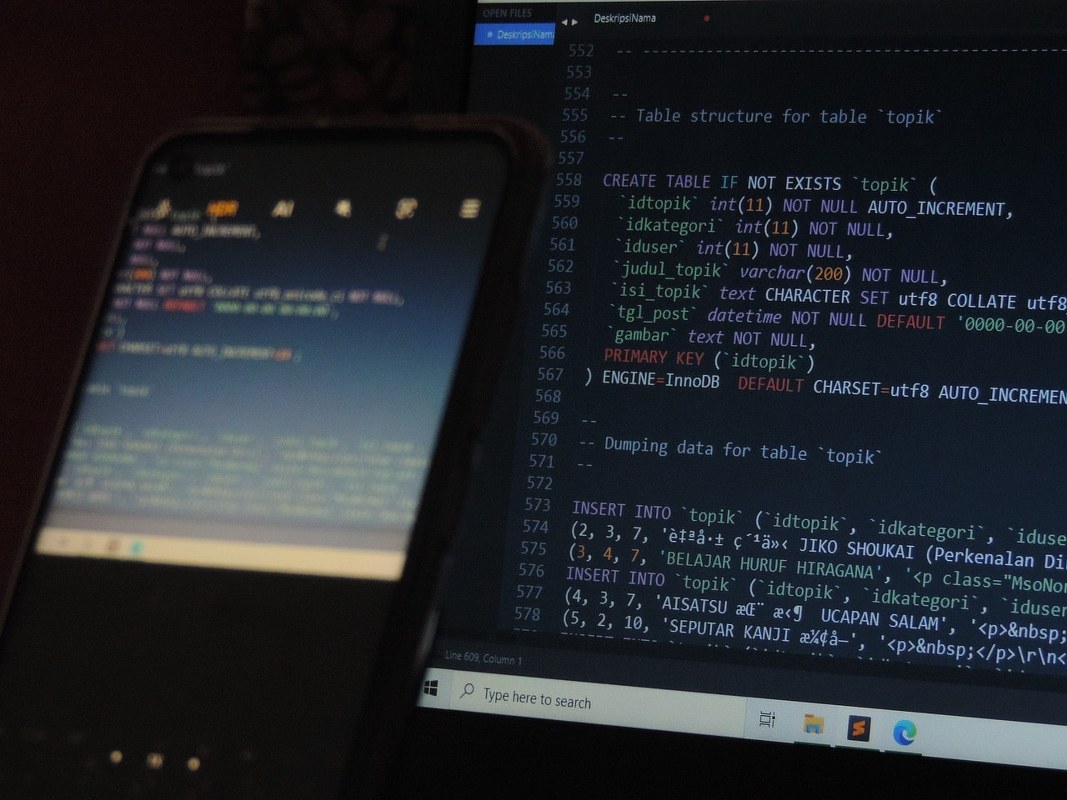A monitor displaying a block of Structured Query Language code for building databases.