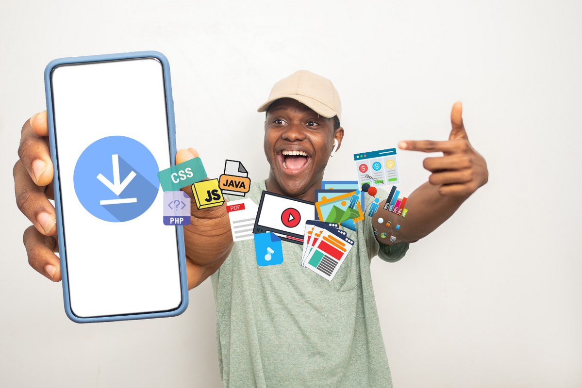 A person holding their phone and pointing at it, with download icon and digital products floating in between.