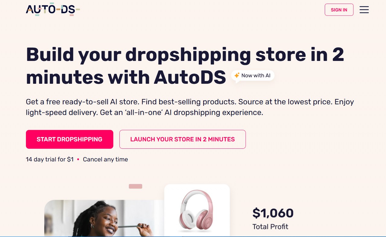 AutoDS website homepage.