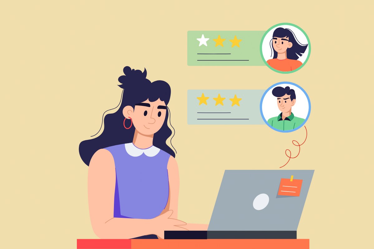 Cartoon illustration of female teacher give feedback to two students using star-ratings.