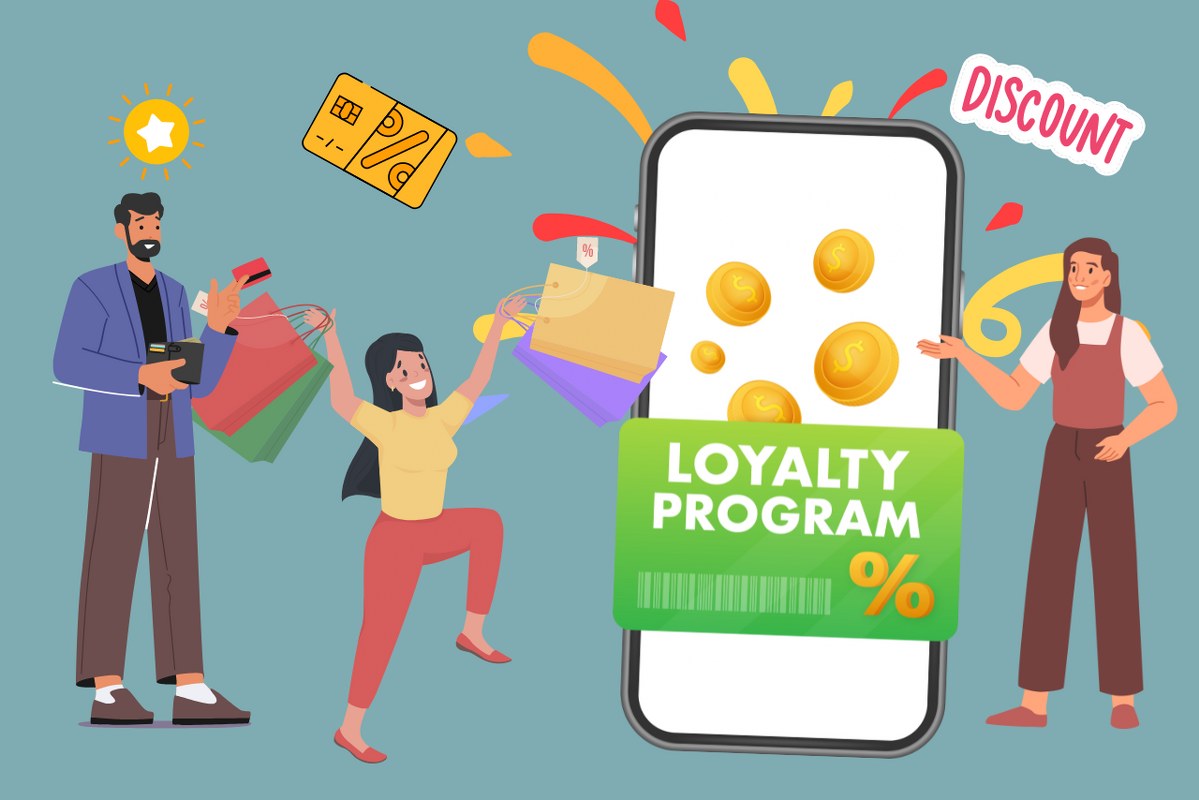 Cartoon illustration of loyalty card program with discounts displayed on smartphone screen.