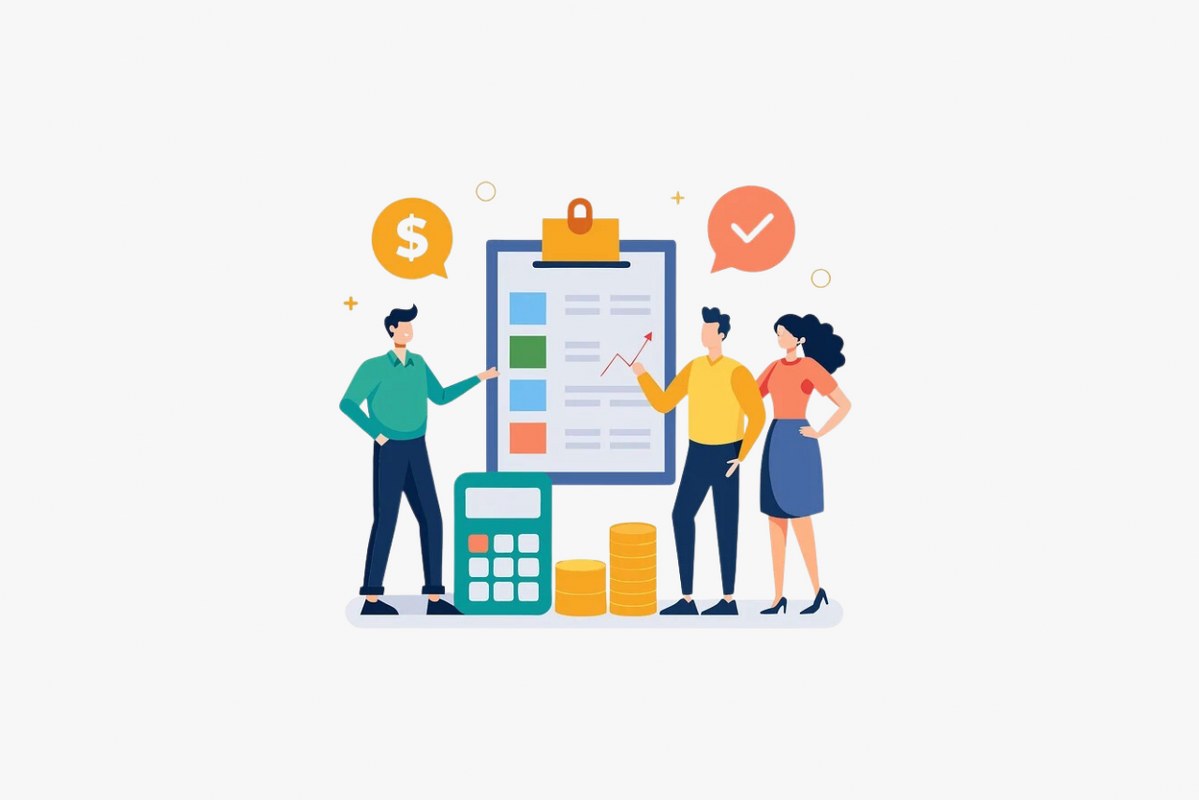 Cartoon illustration of three people brainstorming to create business plan.