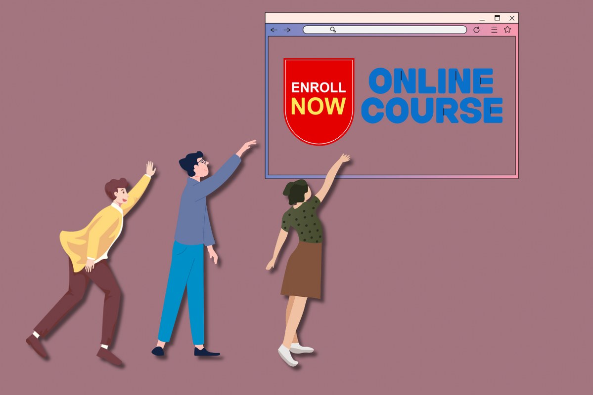 Cartoon illustration of three people reaching to touch call-to-action on website.