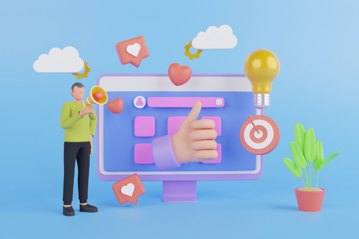 Cartoon male businessman holding megaphone with marketing related icons on desktop.