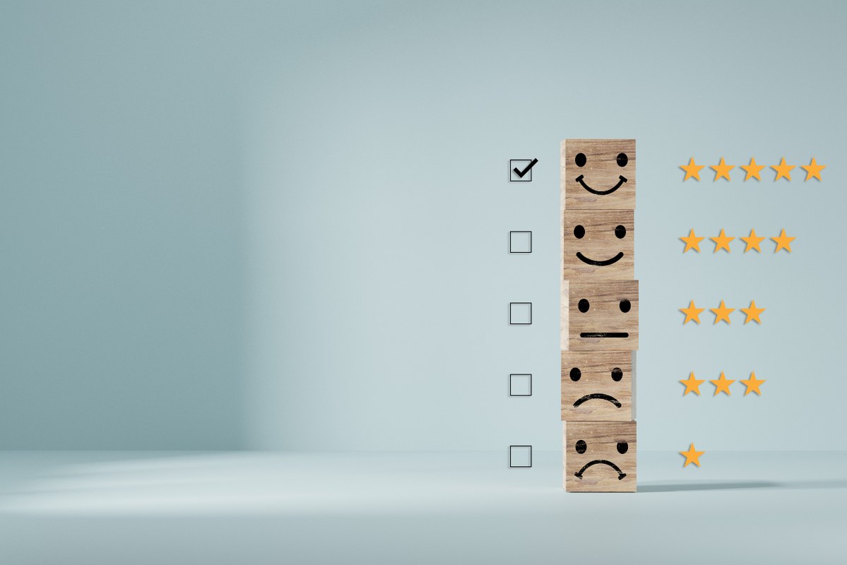 Check mark to select smile face with five stars on blue background, Customer evaluation concept.