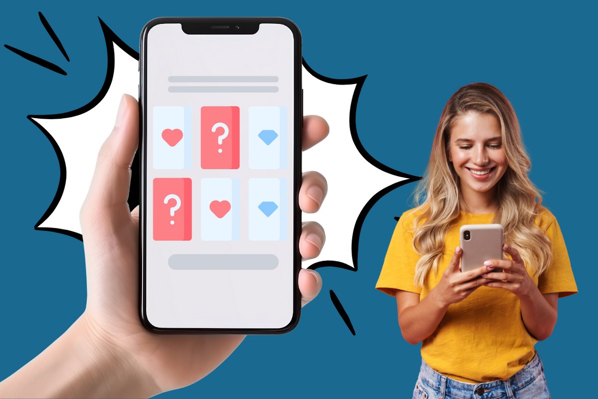 Female having fun with game learning using phone.