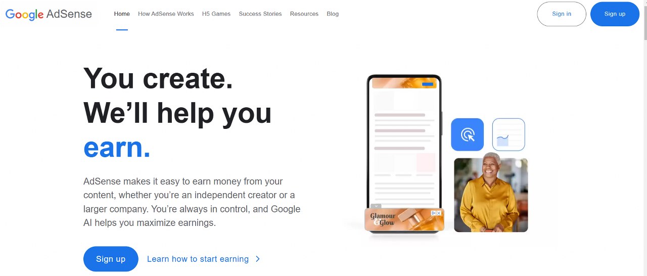 Google Adsense homepage.