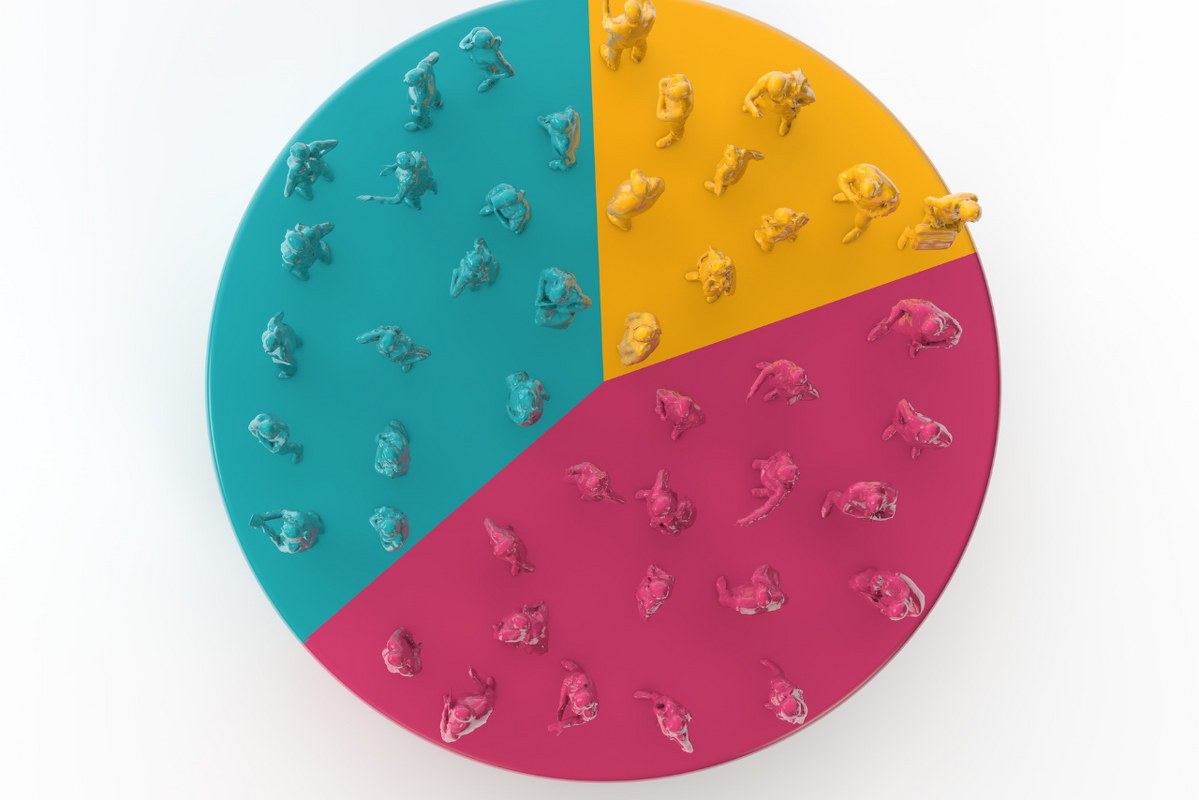 Group of People Standing on a Pie Chart.