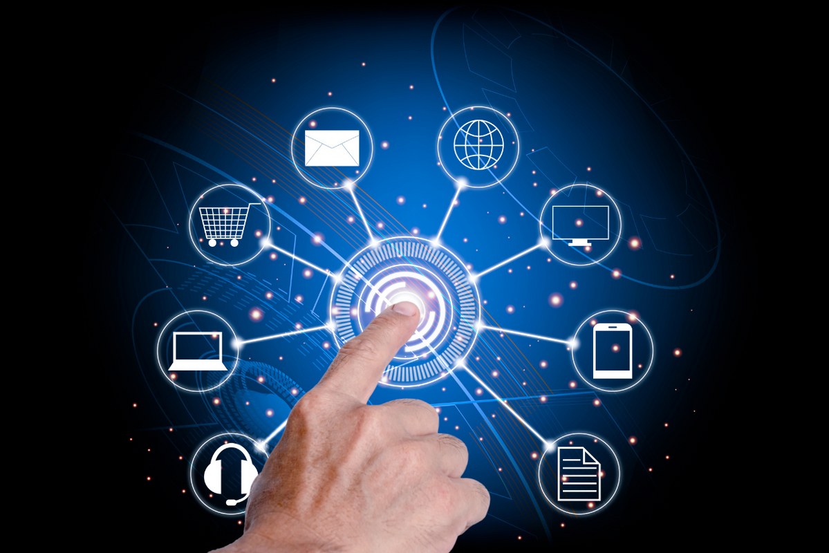 Hand Pointing on Hologram of digital products. 