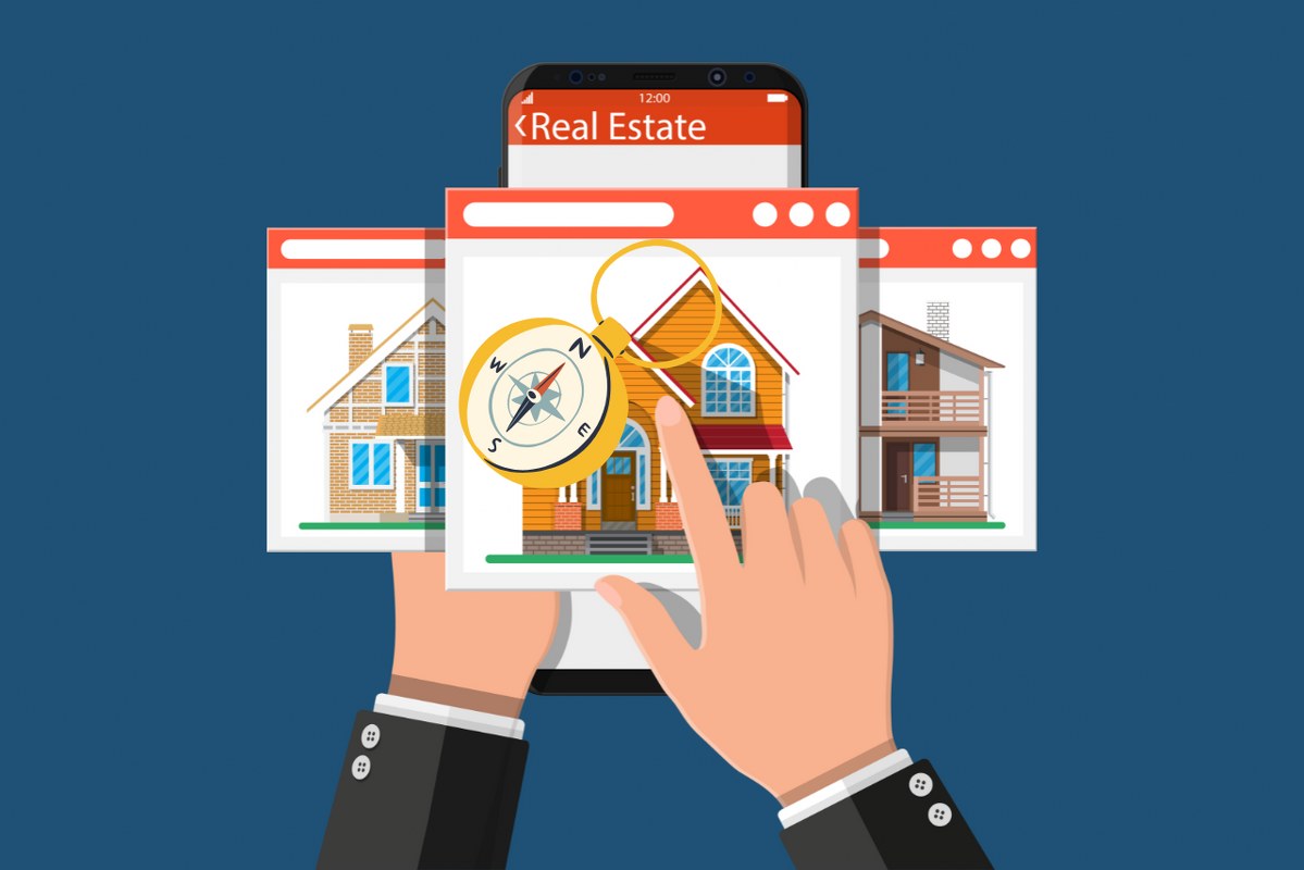 Hand scrolling on real estate website on phone with compass signifying easy navigation.